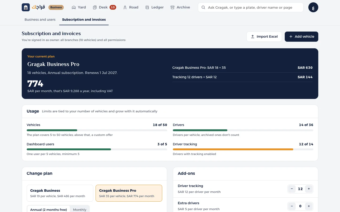 Gragak Business dashboard: Subscription, invoices and plan limits