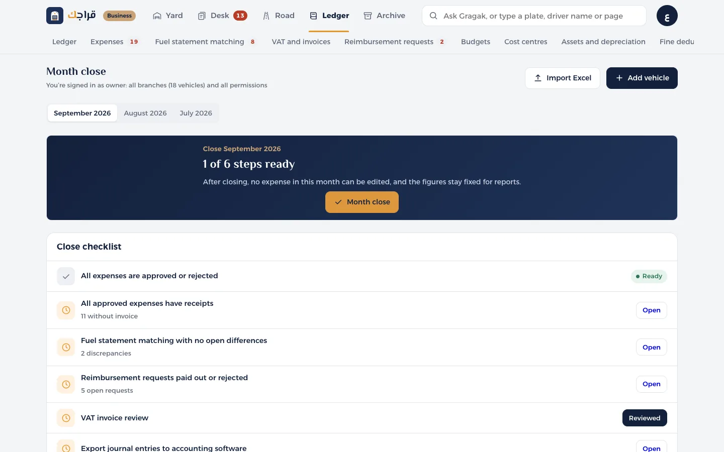 Gragak Business dashboard: Month close