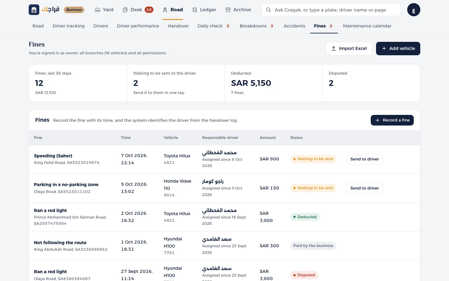 Gragak Business dashboard: Record a fine and link it to the driver