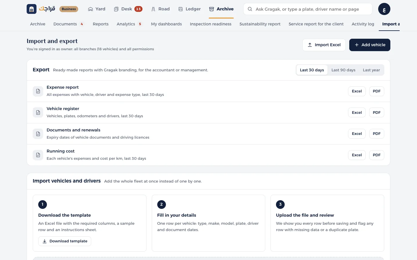 Gragak Business dashboard: importing vehicles and drivers from Excel