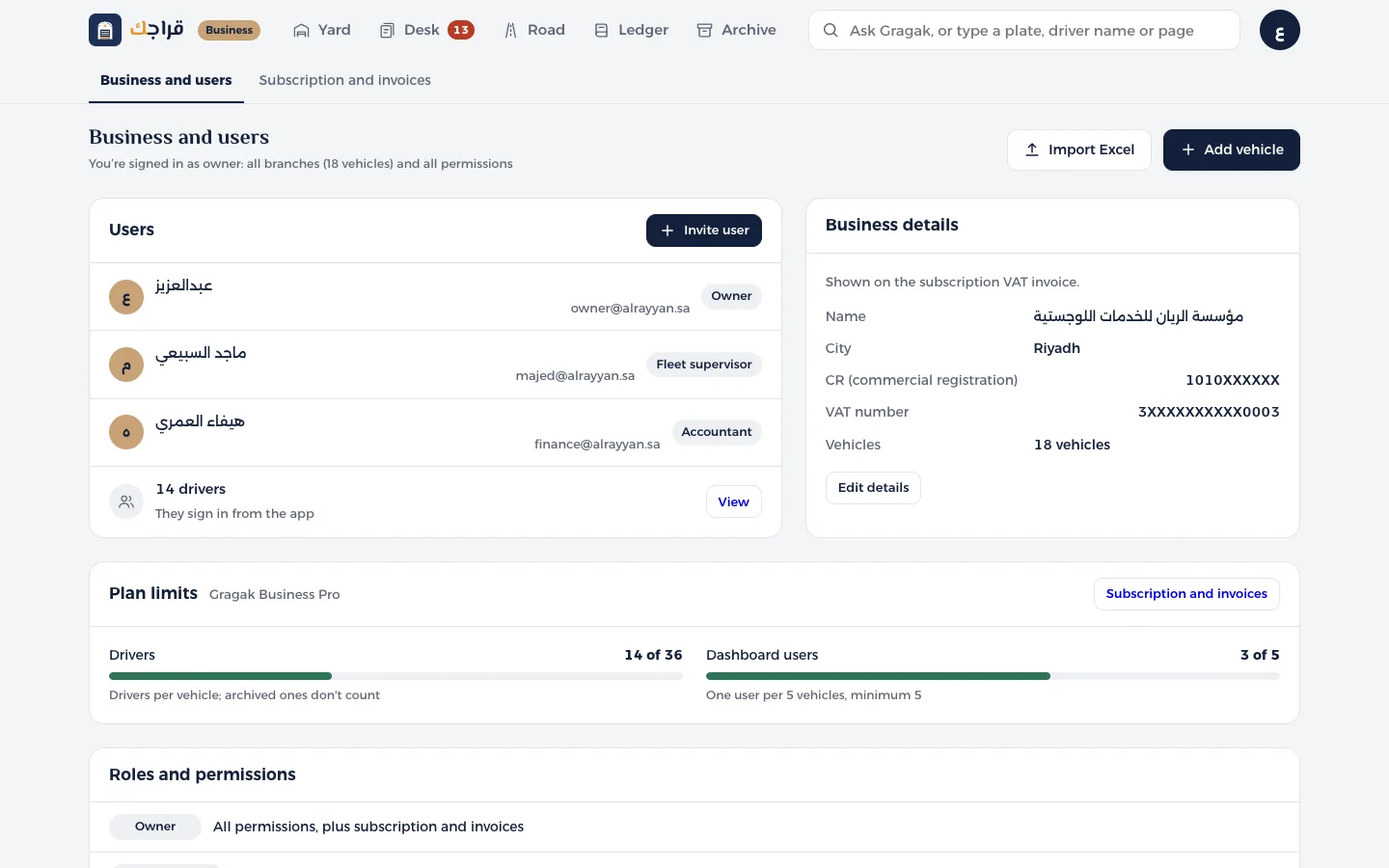 Gragak Business dashboard: inviting your supervisor, accountant and drivers