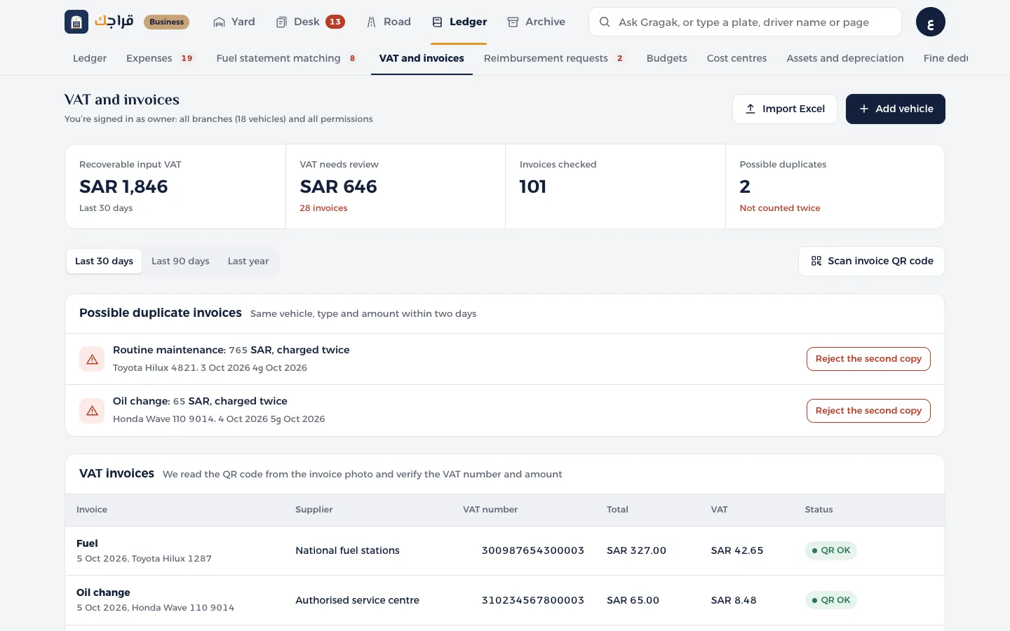 Gragak Business dashboard: VAT and invoice QR check