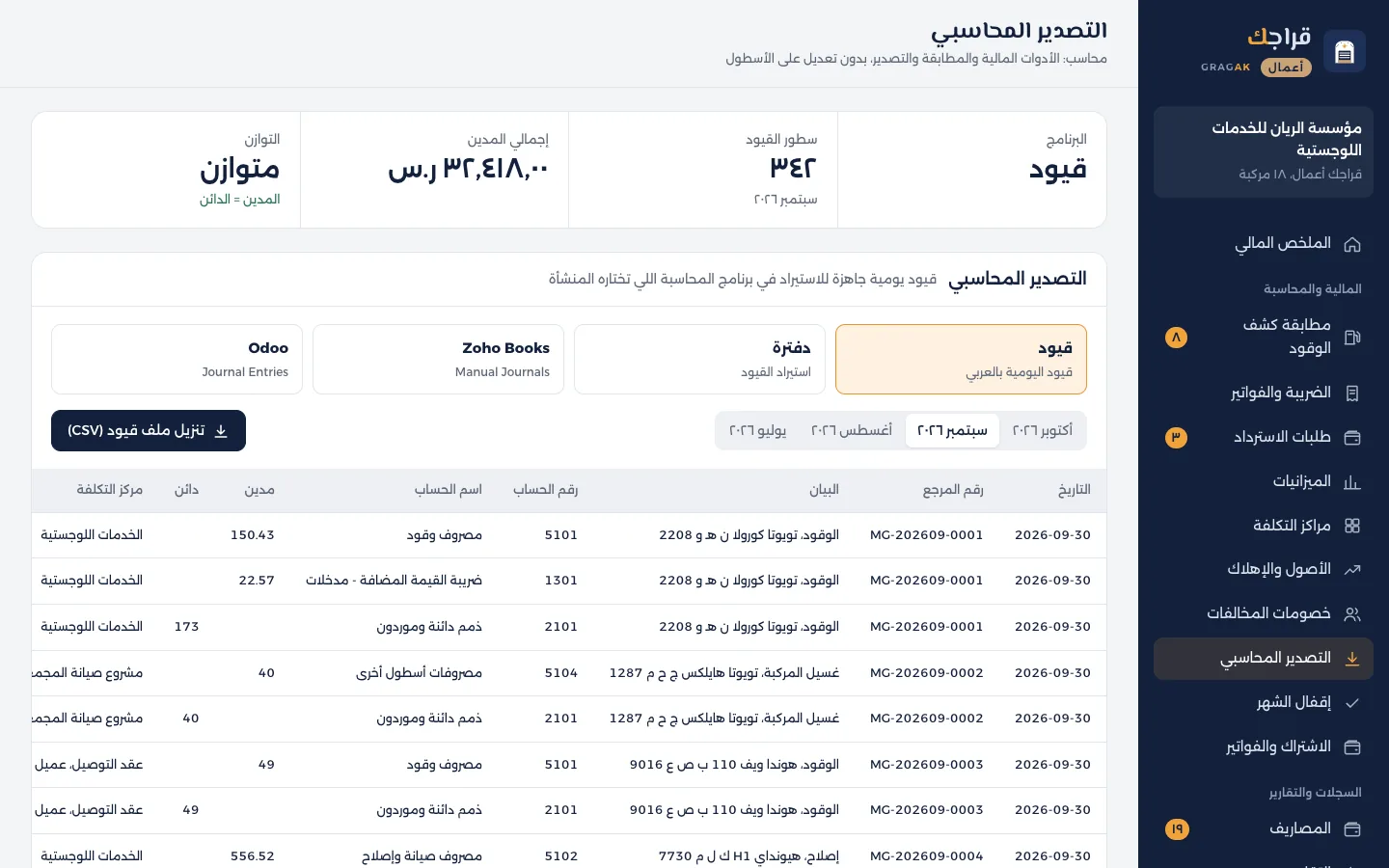 لوحة قراجك أعمال: التصدير المحاسبي